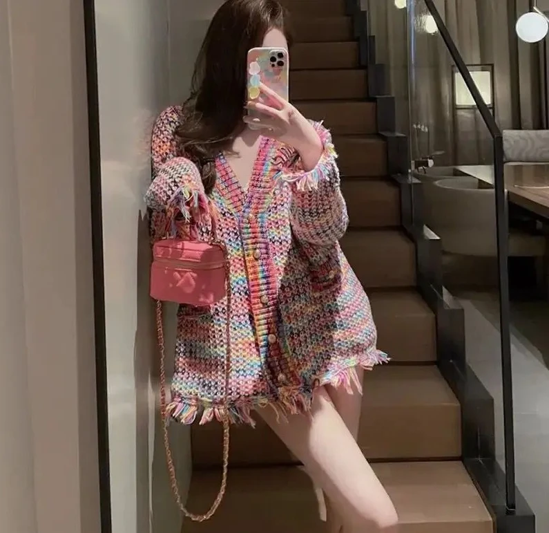 

New Autumn Rainbow Color knitted Sweater Women Fashion Tassel Decoration Cardigan Lady Retro Single-Breasted Casual Tops