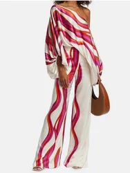 Women's Printed 2-piece Set Casual Loose Off Shoulder Sexy New Lantern Sleeve Shirt Tops Wide Leg Pants Elegant Office For Lady