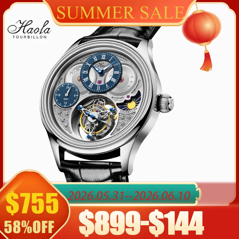 Haofa Luxury GMT Flying Tourbillon Mens Watch Sapphire Manual Mechanical Watch for Men Day And Night Waterproof Casual 1036-1