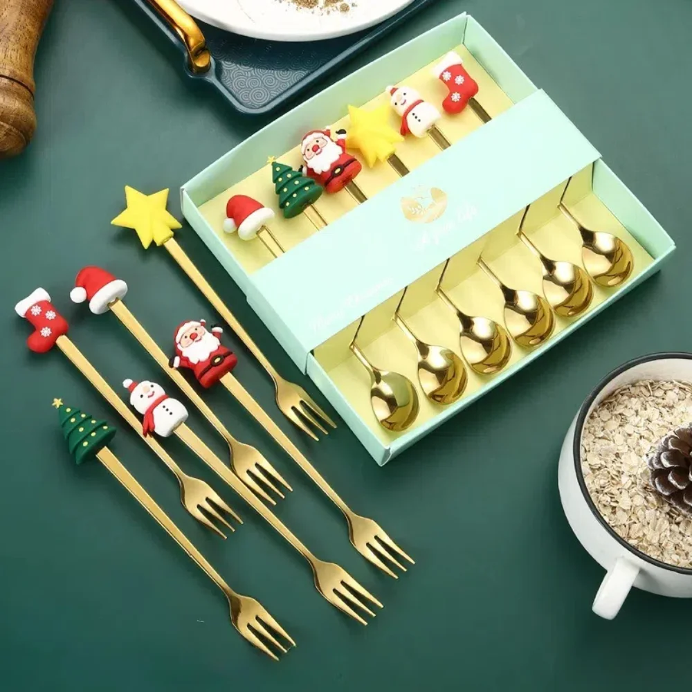 4/6pcs Merry Christmas Spoon Fork Set Stainless Steel Gold Silver Coffee Tea Spoon Party Decor Exquisite Tableware Birthday Gift