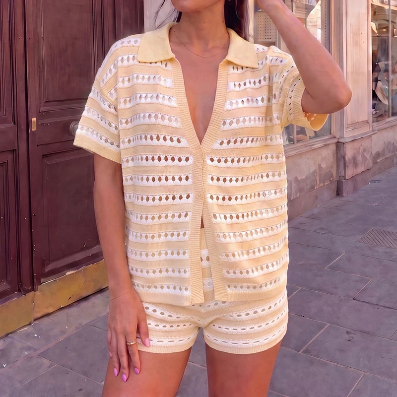 Casual Knitted Stripe Printed Tops And Shorts Sets Elegant Lady Lapel Beach Vacation Sets Summer Loose Women's Commute Outfits