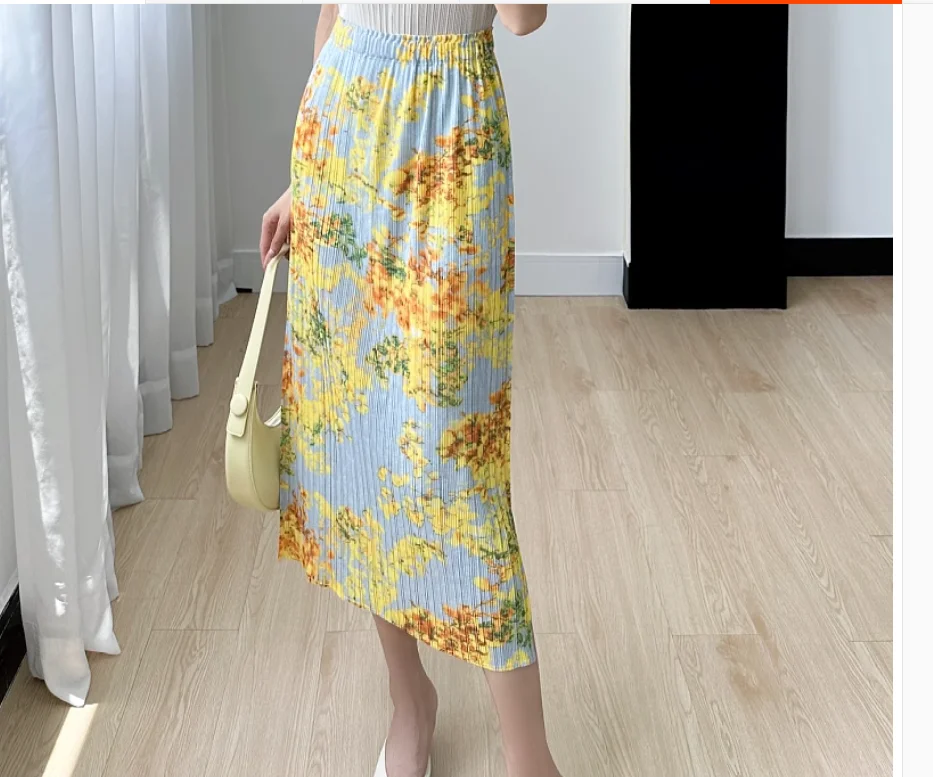 

HOT SELLING Miyake fashion skirt new Style print pleats thin slit Thin skirt IN STOCK