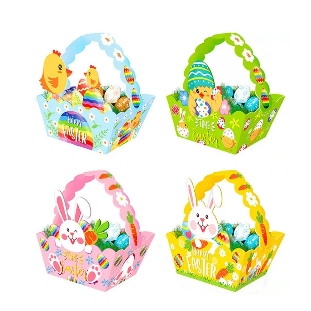 

4Pcs Cartoon Easter Paper Baskets Bunny/Chick with Handle Colorful Easter Rabbit Basket Cute Bunny Egg Chicken Boxes Candy