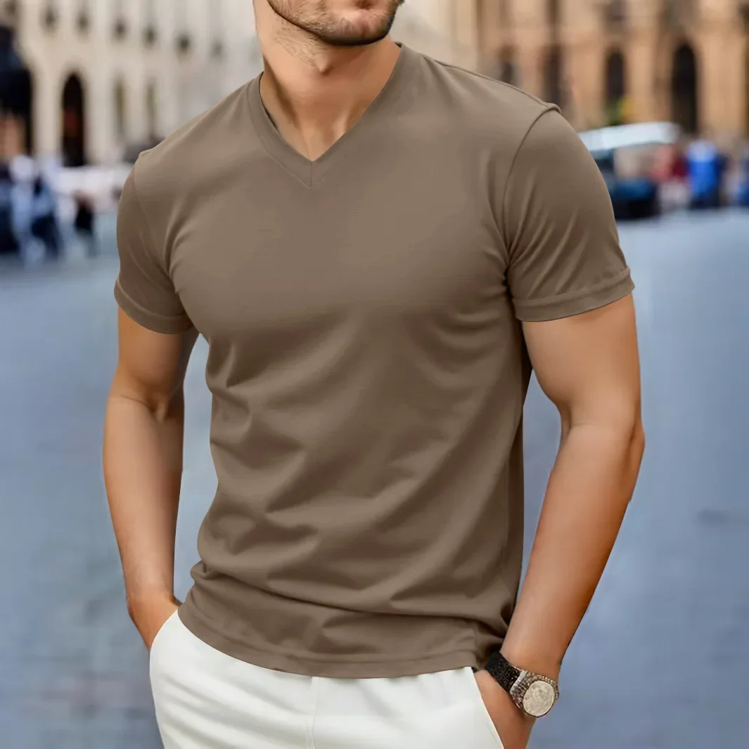 2025 Nieuwe Heren Casual Mode Simpele V-hals Korte Mouwen T-shirt Zomer Comfortabel Ademend Veelzijdig Top