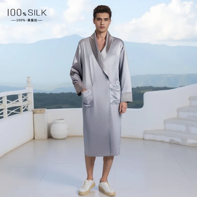 Silk Velvet Men's Robe 19 Momme 100% Mulberry Silk Kimono Bathrobe PJ Autumn Winter Luxury Satin Loungewear for Spa Hotel & Home