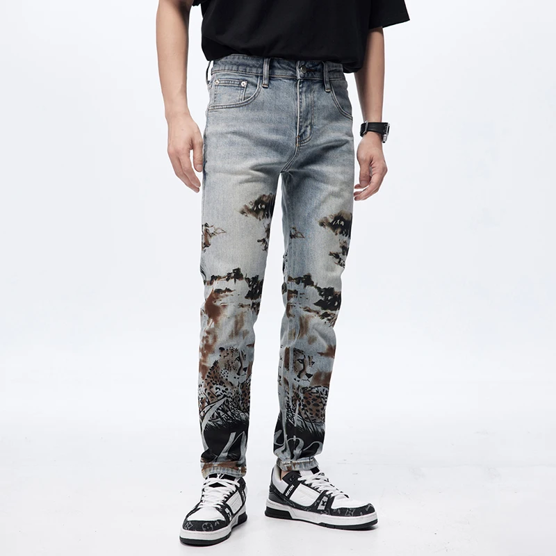 European and American Spring and Autumn New Jeans Men's Printed Fashion Versatile Slim Fit Small Leg Pants Skinny Jeans Men