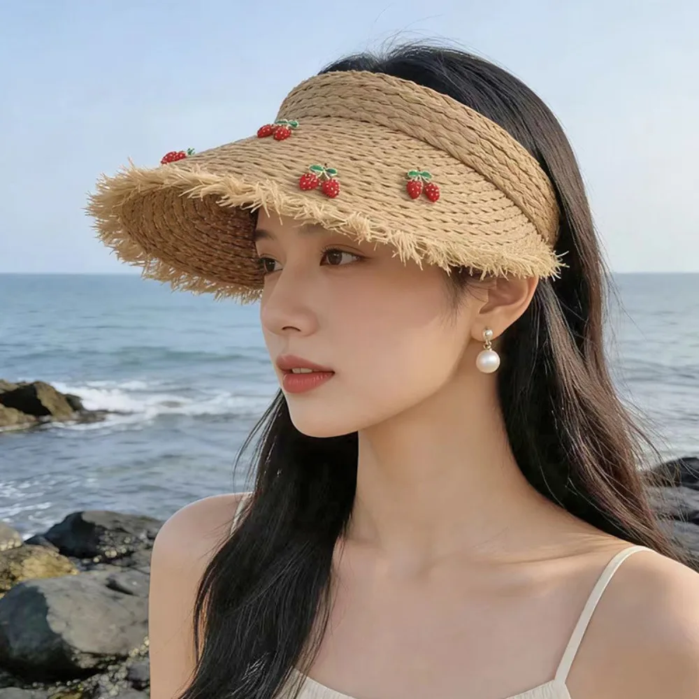 

Dopamine Cherry Strawberry Sun Hat Beige Khaki Headband-style Open-crown Straw Hat Sunscreen Breathable Sunshade Cap Summer