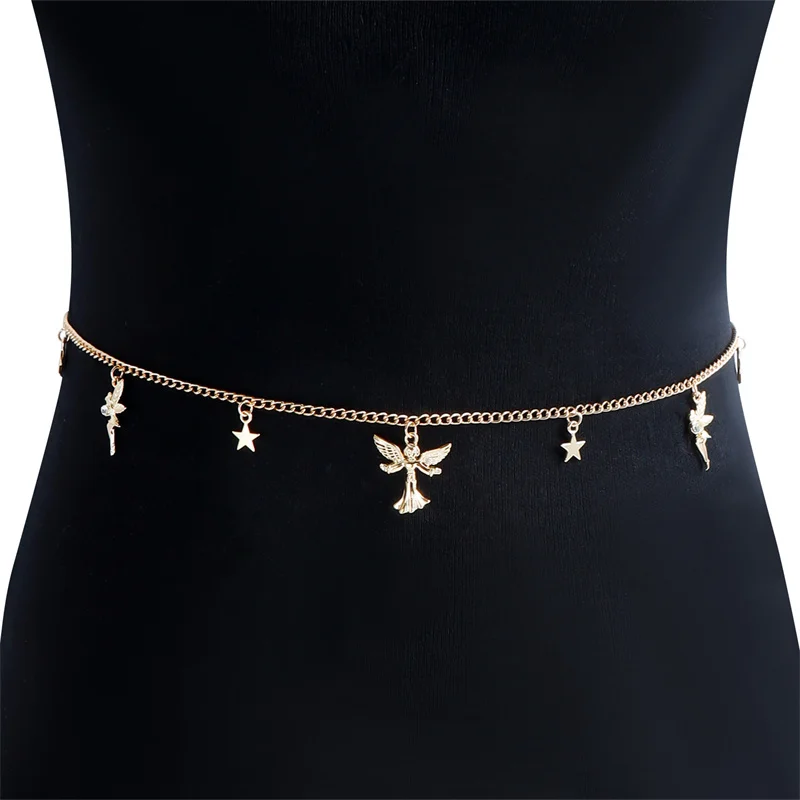 Corrente corporal de metal em forma de estrela de anjo para mulheres, simples e elegante, acessório elegante, moderno e sexy