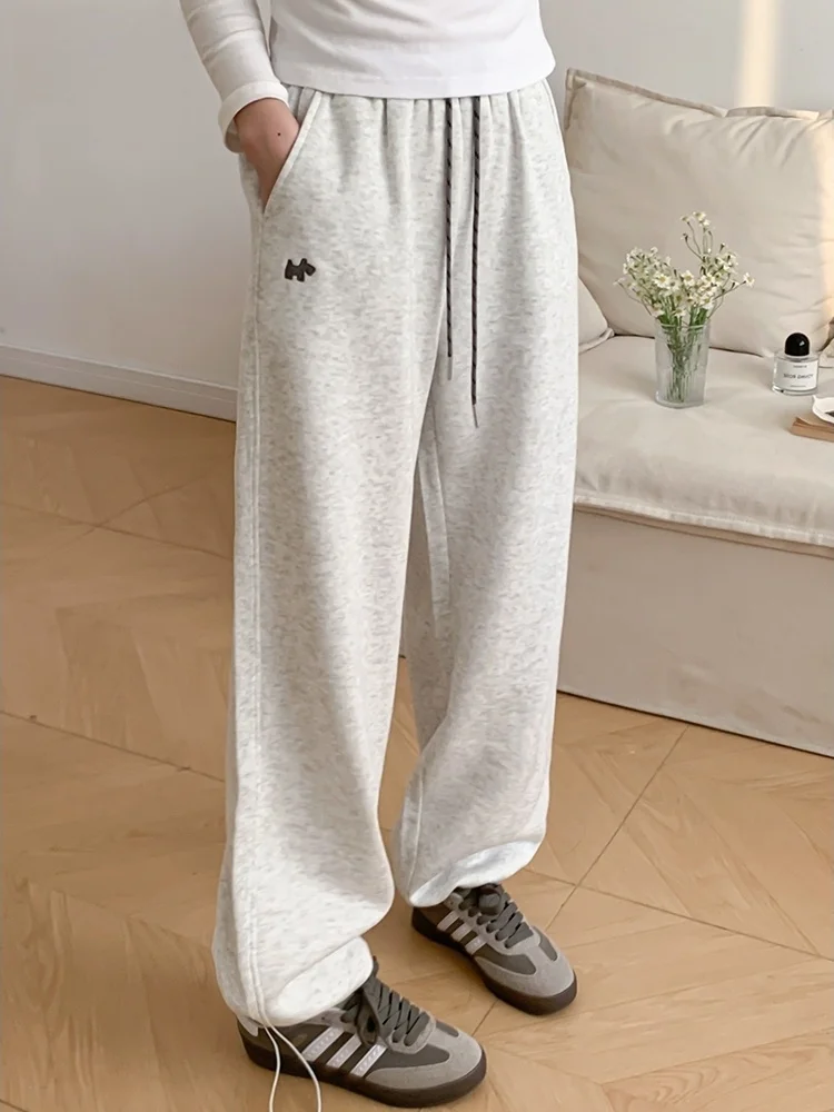 Spring Autumn New Style Embroidered Dog Loose Fit Casual Sports Straight Leg Cuffed Two-Way Wear Wide Leg Pants for Women