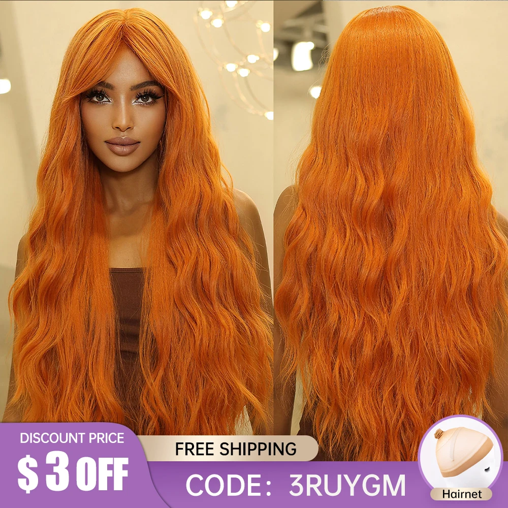 Long Wavy Orange Colorful Cosplay Wigs Deep Wave Copper Ginger Synthetic Wig Bang Hair for Black Women Wig Party Heat Resistant