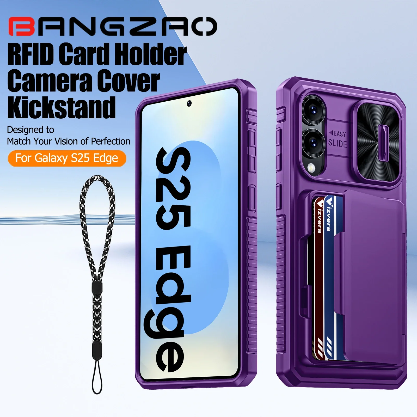 

Чехол-кошелек для Galaxy S25 Edge RFID, держатель для карт, камера Cove, прочный противоударный силиконовый защитный чехол для всего тела - фиолетовый