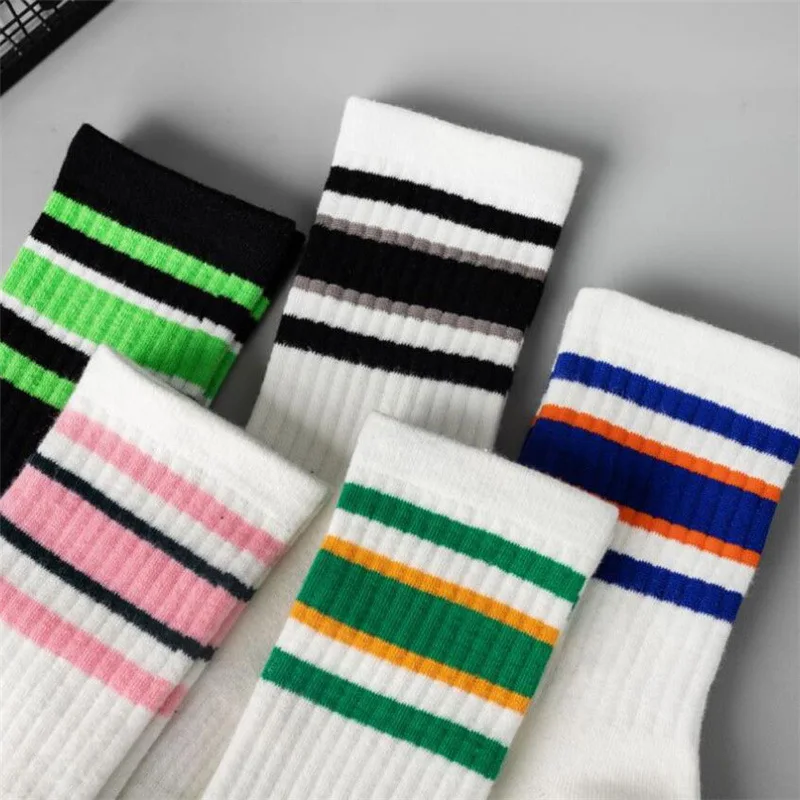 Japanese Harajuku socks Street hip hop skateboard striped mid-tube socks solid color breathable cotton socks 1 pair