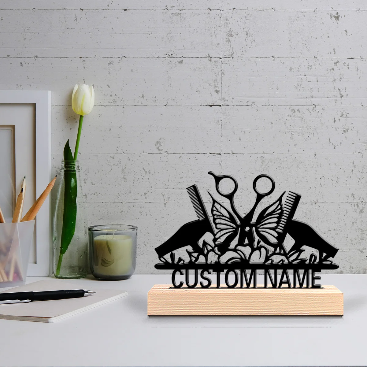 1pc Modern Haircut tools Custom Text Metal Statue Iron Ornament Art Crafts With Wood Base Metal Statue For Children Gifts