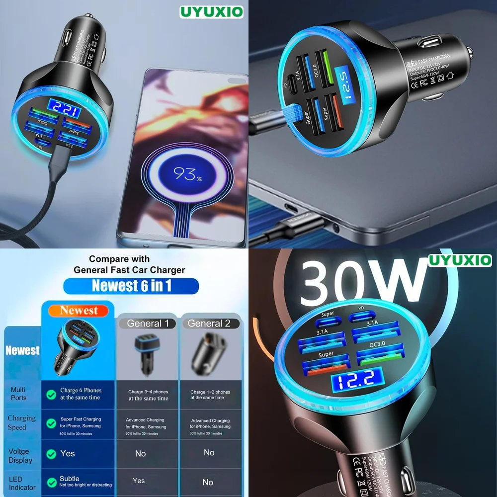 6 Ports Super Fast Fast Charging Car Charger LED Digital Display for iPhone 17 16 15 14 Pro Max Plus Socket PD 30W Type C USB C