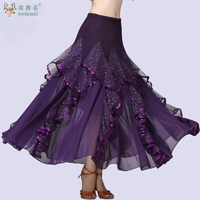 Falda de baile moderna de Flamenco, falda grande con lentejuelas, falda de baile de salón, falda de baile Social, vestido largo de práctica de baile de competición