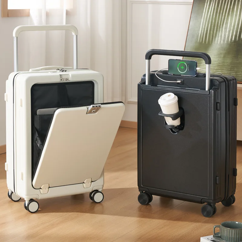 

Чемодан для путешествий с фронтальным открытием 20/24 дюйма, из поликарбоната, на молнии, с отделением для ноутбука, ручная кладь, с USB-портом и держателем для стакана, на колесиках, с кодовым замком