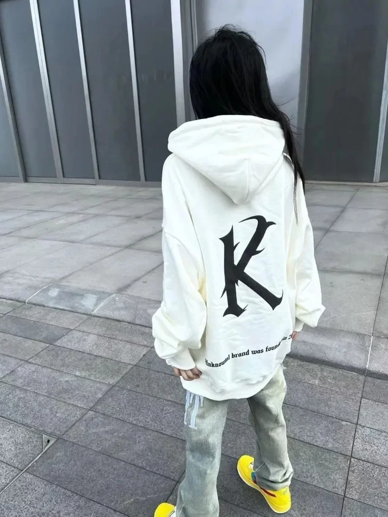 Autumn Print K Letter Sweatshirt Loose Women Hooded Tops Sudaderas Mujer Long Sleeve Y2k Hiphop High Street White Mid Length