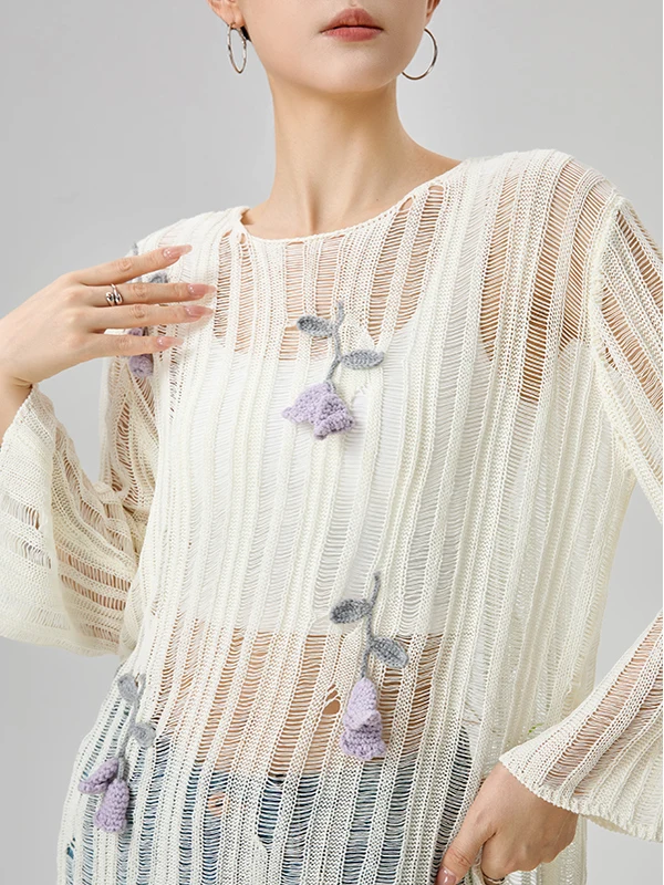 

Korean Sle Hollow out Knitted White Floral Top Women's Casual Loose Fit Long Sve round Ne Pullover Autumn Faion