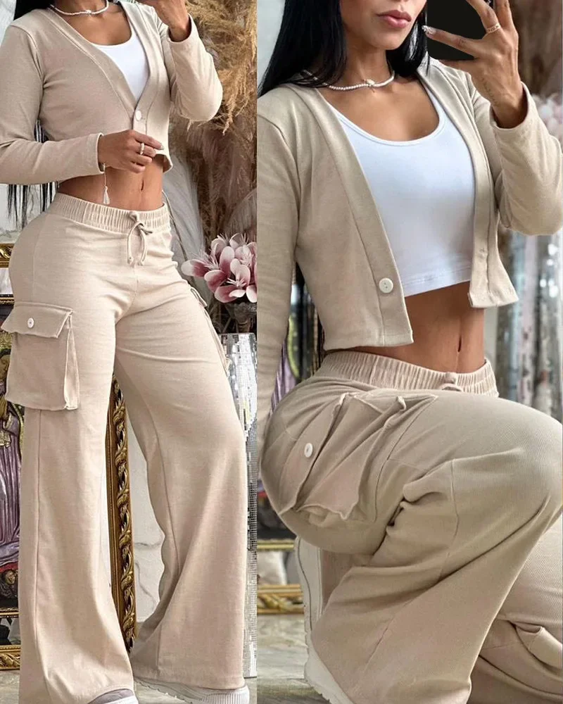 

Women's Sets Apricot Short Collarless Cardigan Set Casual Wide Leg Pants and Top Two Piece Set for Women