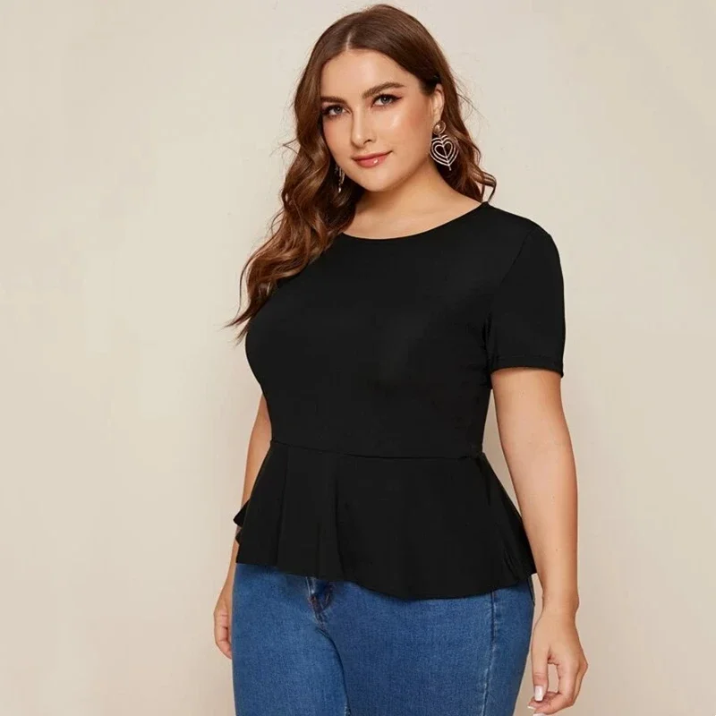 Plus Size Ruche Zoom Elegante Zomer Casual Top Vrouwen Korte Mouw Sleutelgat Rug Effen Zwarte Blouse Dames Grote Maat T-Shirt T-Shirt