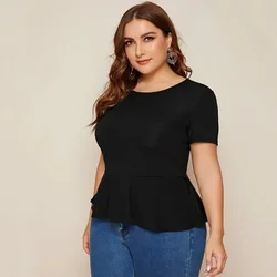 Plus Size Ruffle Hem Elegant Summer Casual Top Women Short Sleeve Keyhole Back Solid Black Blouse Female Large Size T-shirt Tee