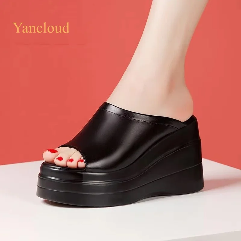 

9.5cm Size 32-43 Comfortable Thick Genuine Leather Slippers Platform Shoes 2026 Summer High Heels Wedges Slides Office Daily Mom