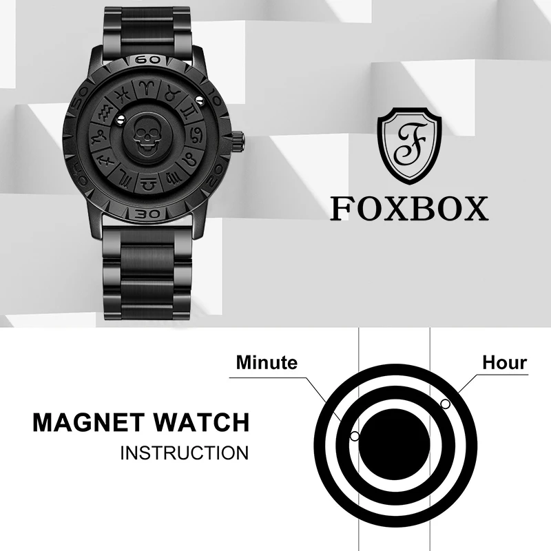 FOXBOX Top Brand Luxury Creative Srolling Bead Skull Quartz Man Watch Stainless Steel Casual Waterproof Magnetic Watches for Men