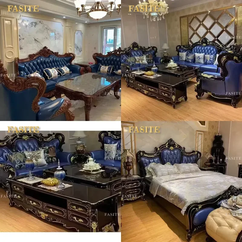 For European Classic Luxury Living Room Furniture Carved Solid Wood Genuine Leather Sofa Set High End Home Decor Comfortable