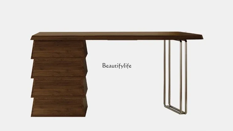 

02Italian minimalist desk and chair combination study bedroom adult solid wood walnut leather computer desk