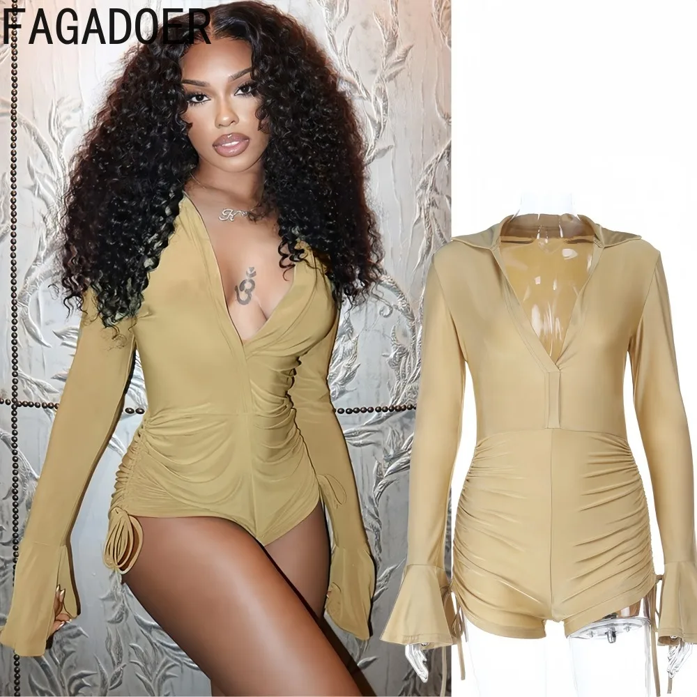 

FAGADOER Sexy Ruched Patchwork Bodycon Rompers Women Solid Color Long Sleeve Drawstring Jumpsuit Female Streetwear Overalls New