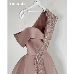 Amanda Elegant One Shoulder Prom Dress Luxurious Sequins Knee Lenght Organza Vestidos De Fiesta Dark Pink فساتين سهرة