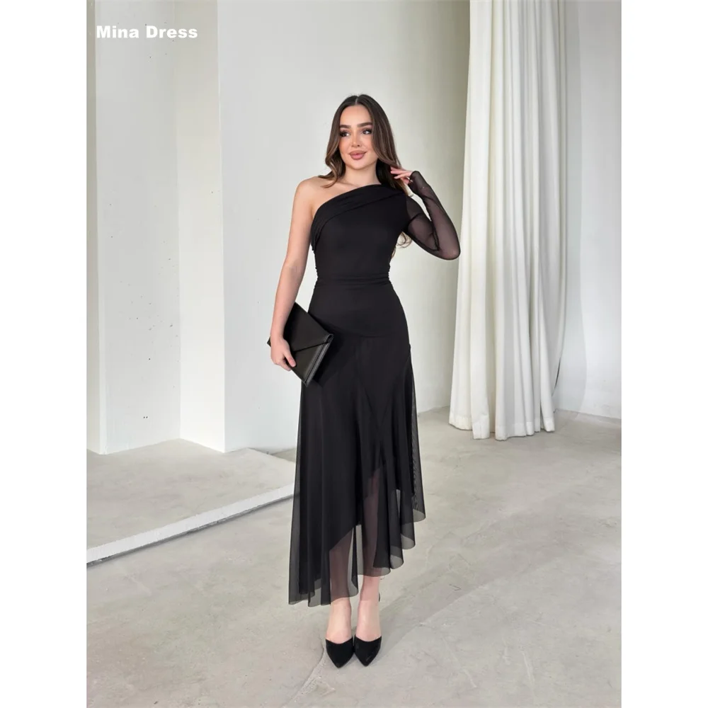 

Mina Customized Black Luxurious Evening Dresses Brands Sloping Shoulders Elegant Party Dresses for Special Occasions Prom Dress