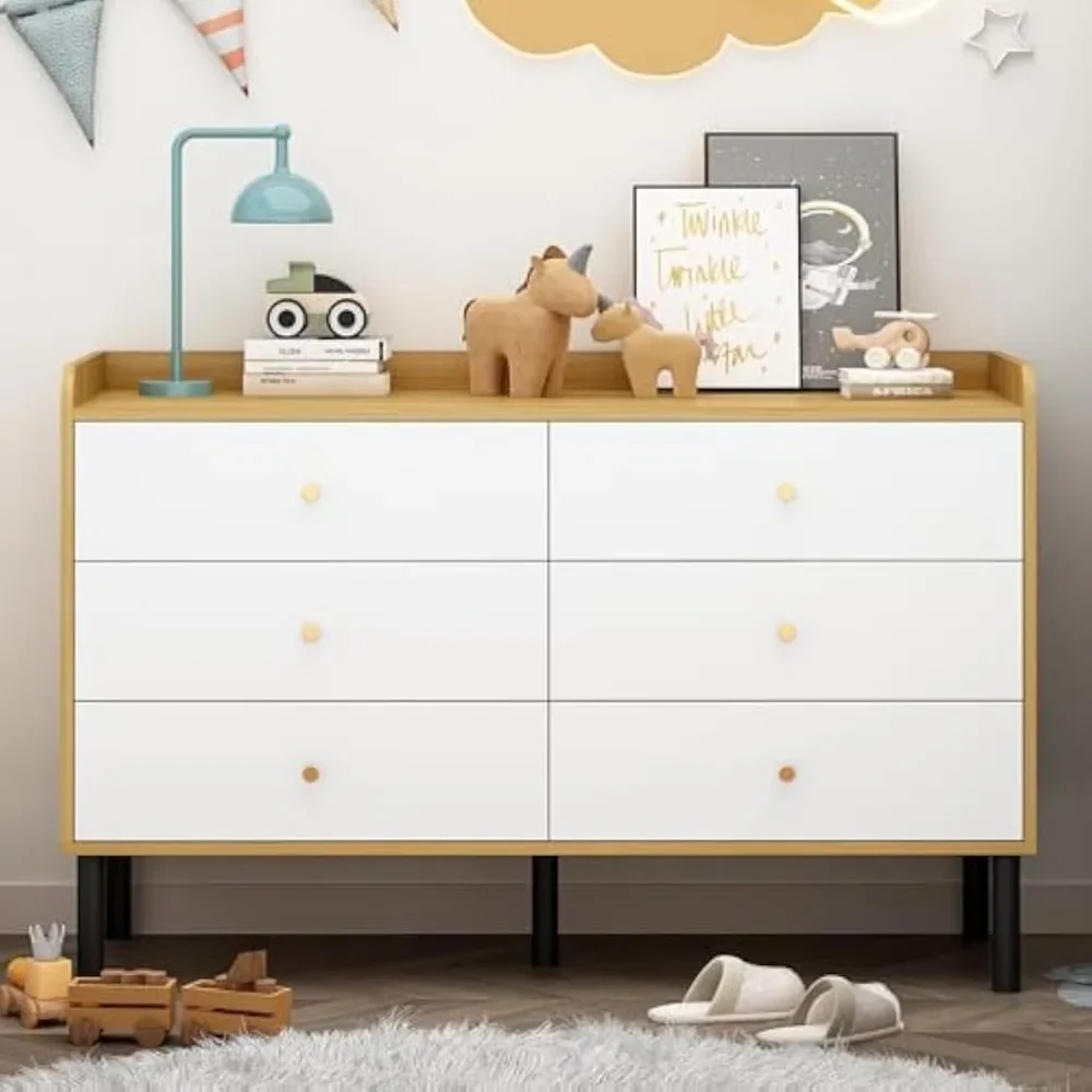 Dresser for Bedroom, 6 Drawers Natural Wood Dresser with Golden Handles, Modern Wide Chest of Storage Organizer Drawers