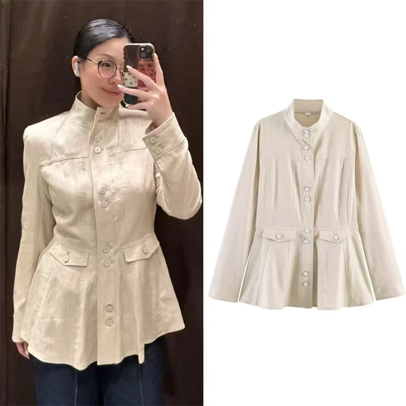 Beige Stand Collar Flared Hem Jacket Women Multi Button Pocket Long Sleeve Slim Fit Women Elegant Casual Coat Outerwear 260701