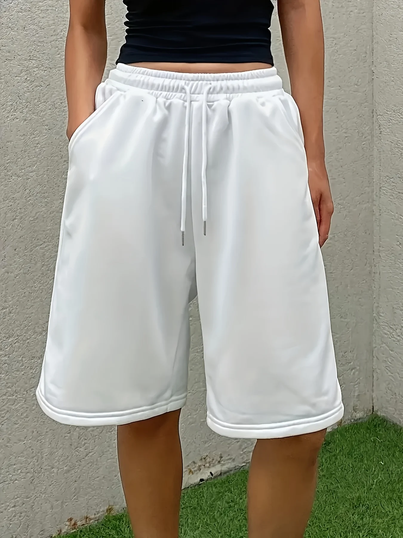 

Solid color athletic shorts for women, summer knitted outerwear, five-point pants, women's wide-leg pants