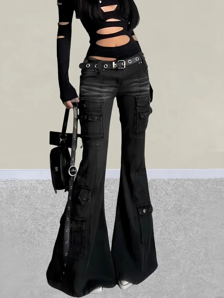 

Ретро джинсы из плотного денима с микро-клешем, облегающие, повседневные, с множеством карманов, в стиле Y2K, уличный стиль, длинные брюки для женщин