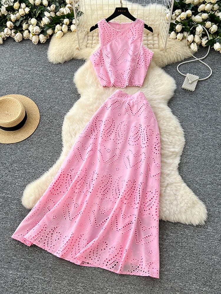 French Retro Hollow Hook Skirt Set Women's Summer Sleeveless Vest Top+high Waisted Elastic Large Swing Skirt Two-piece Set C542