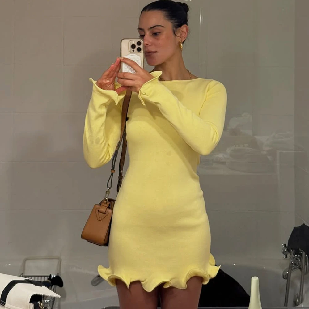 Talenza Knitted Contrast Slim Fit Mini Dress Women's Autumn New Knitted Sweater Dress Fashionable Long Sleeve Knitted Mini Dress