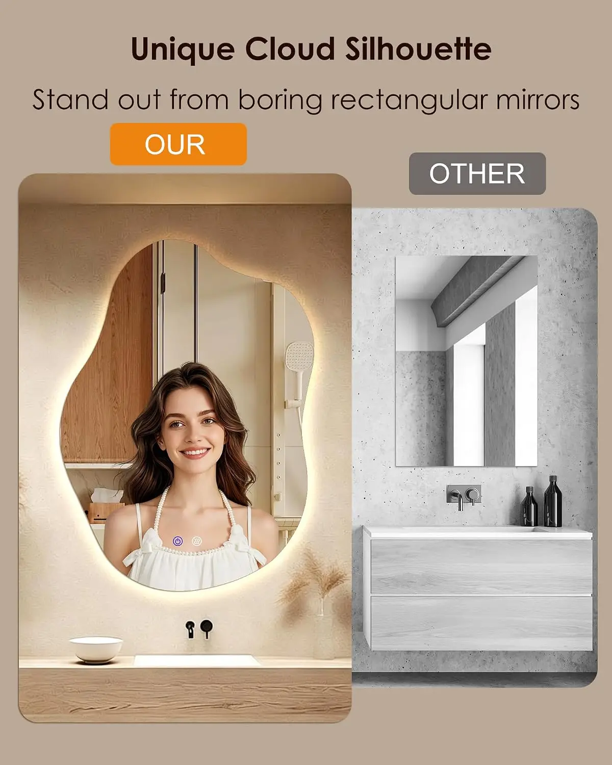 Irregular Cloud Shaped Led Bathroom Mirror 30X20 Backlit Tempered Glass Antifog 3 Color Dimmable Vertical Horizontal Mount Reinf