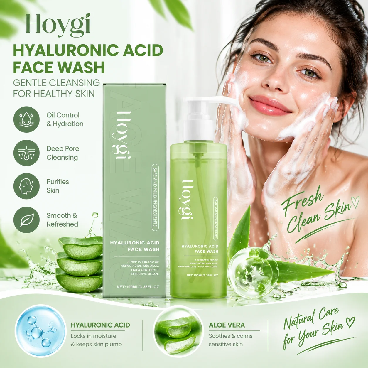Hoygi Foaming Facial Cleanser Soft Glow Skin Barrier Repair Care Refreshing Aloe Hyaluronic Acid Deep Hydration Face Wash Foam