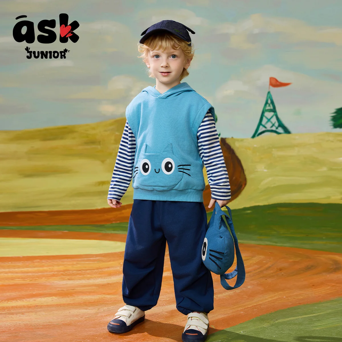 

Ask Junior Children Spring Hooded Vest Vest Striped Contrast Long Sleeve T-Shirt Two-piece Set