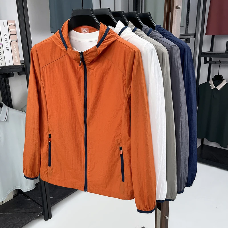 Outdoor Sports Ice Silk Sunscreen Clothes Men's Summer Thin Solid Color Hooded Top Quick-drying Breathable Fishing Skin Jackets