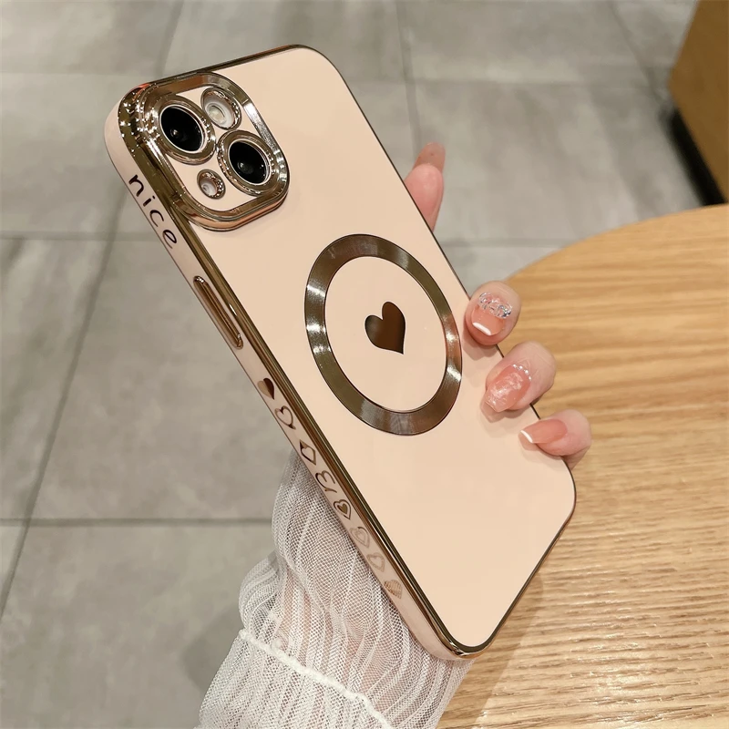 Luxury Magsafe Magnetic Plating Love Heart Phone Case For iPhone 11 12 13 14 15 Pro Max X XR XS 8 Plus Wireless Charging Cover