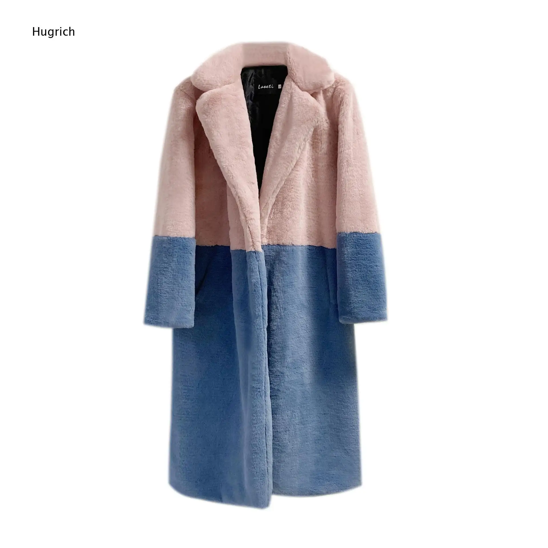 Ladies Winter Plush Color Block Faux Fur Long Coat Notched Lapel Collar Long Sleeve Fashion Street Outer Jacket