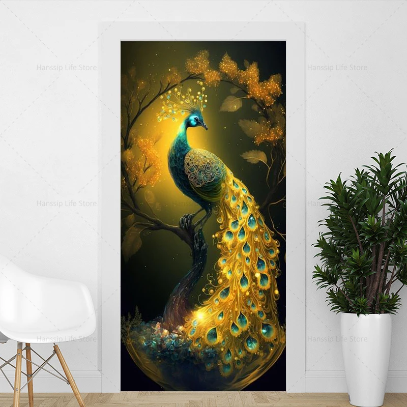 

Retro Peacock Door Sticker Decoration Peel & Stick Waterproof PVC 3D Realistic Wardrobe Entrance Door Wallpaper Wall Art Decals