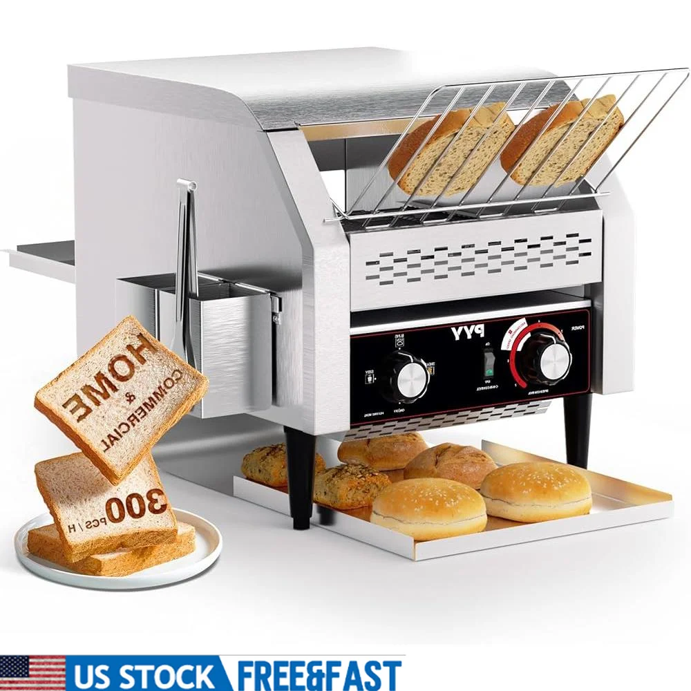 Commercial Conveyor Toaster 300 Slices Hour Heavy Duty Bread Bagel Hamburger Bun Toaster w 7 Speed Control Stainless Steel