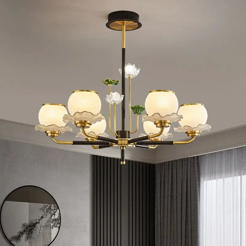 New Chinese Style All Copper Pendant Light Retro Lotus Flower Zen Lamp for Tea Room Study or Bedroom Decor
