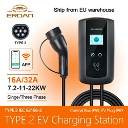 ERDAN APP Control EV Charger 32A 7KW Зарядна станція для електромобілів EVSE Wallbox 11KW 22KW 3Phase Type2 Кабель IEC62196-2 Plug