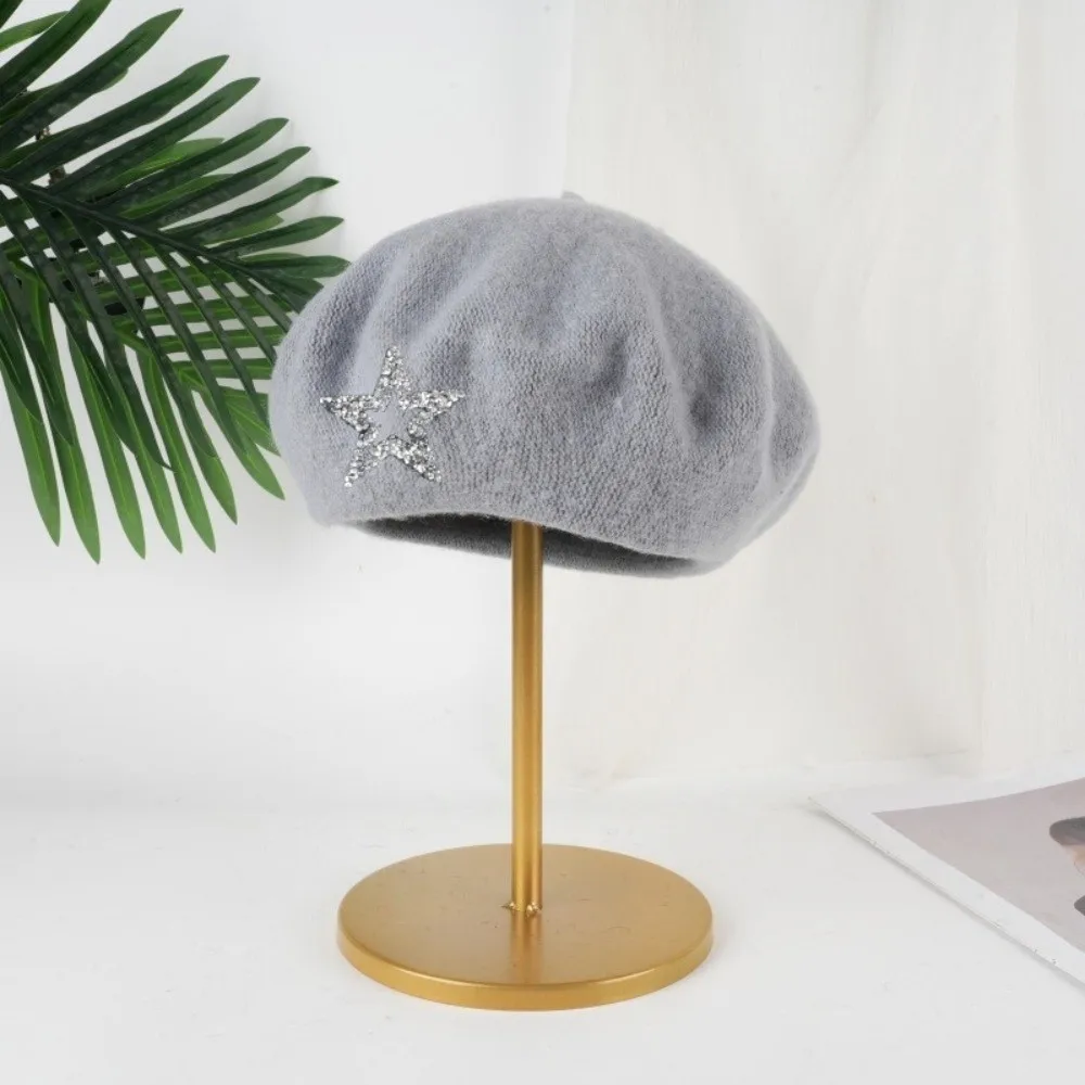 Five-Pointed Star Wool Beret Soft Solid Color Knitted Painter Hat Rhinestone Decor Warm Beanie Cap Street Photography