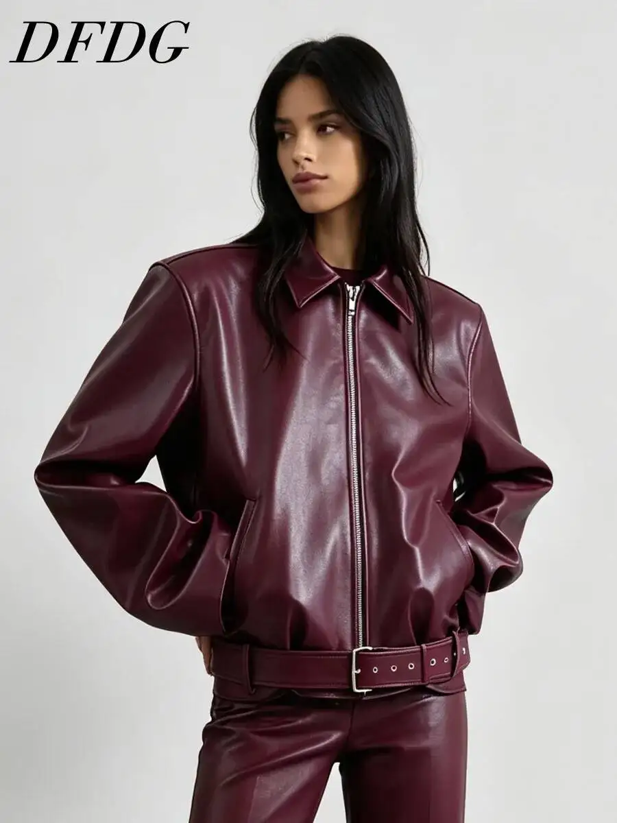DFDG Women 2026 Spring Autumn Faux Leather Bomber Jacket Lapel Collar Full Zip Detachable Waist Belt Drop Shoulder Pocket Coat